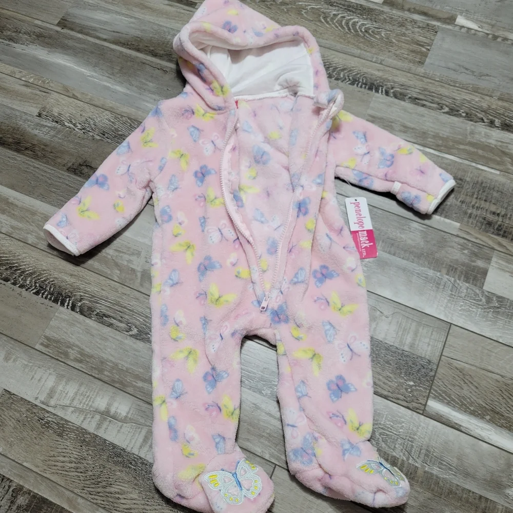 New Baby Girl Soft Sherpa Long-Sleeve Hooded Jumpsuit Pink Butterfly 6/9 Months